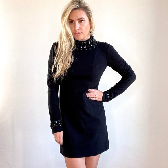 Trina Turk Black Jeweled Neck Long Sleeve Dress size 4 - Picture 9 of 11